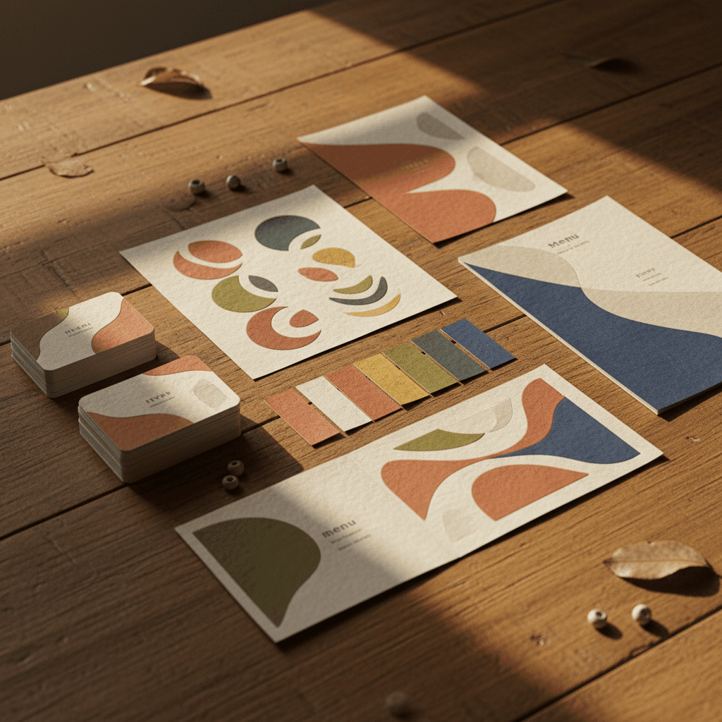 Branding materials including logo, color swatches, and business cards