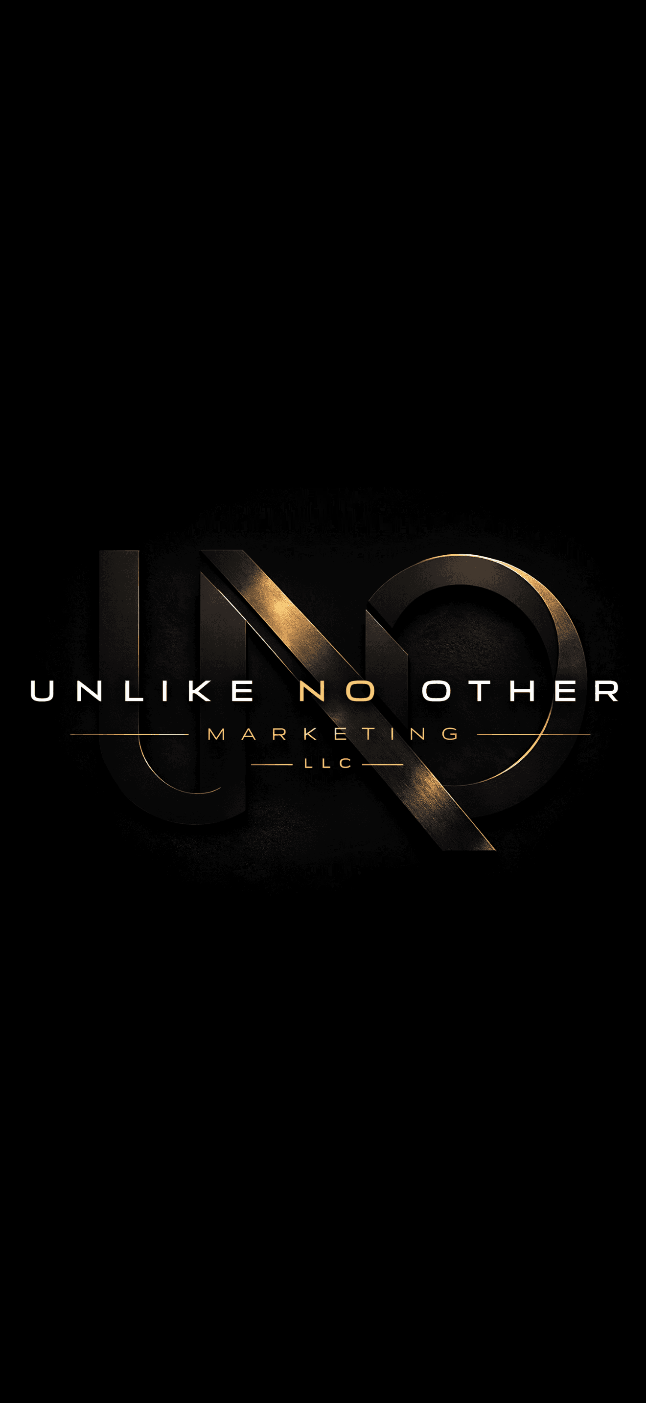 Elegant black and gold logo for Unlike No Other Marketing LLC with stylized UNO text.